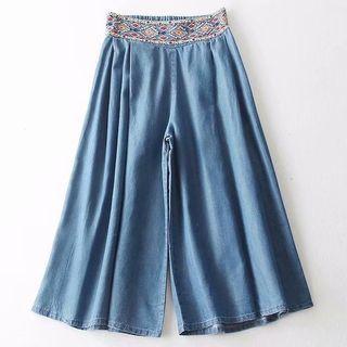Pattern Embroidered Wide Leg Jeans
