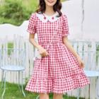 Short-sleeve Apple Print Gingham A-line Dress