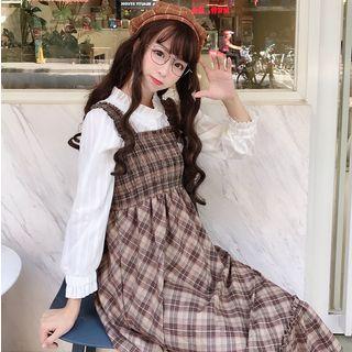 Frill-trim Shirt / Sleeveless Plaid Midi A-line Dress