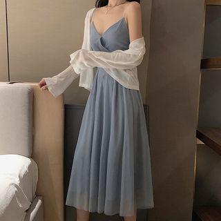 Spaghetti Strap Midi A-line Mesh Dress / Light Jacket
