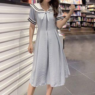 Short-sleeve Striped Trim Wide Collar A-line Midi Dress