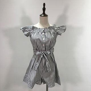 Off-shoulder Striped Playsuit With Sash
