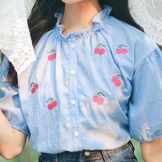 Cherry Printed Ruffled Short-sleeve Blouse