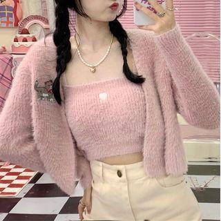Set: Cat Embroidered Cardigan + Knit Camisole Top