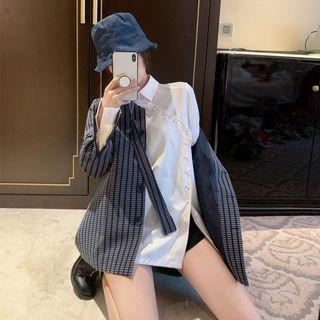 Tie-neckline Embroidered Blazer / Asymmetric Plain Shirt