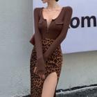 Long-sleeve Half-zip T-shirt / Leopard Print Slit Pencil Skirt