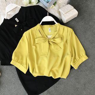 Bow-neck Short-sleeve Chiffon Blouse