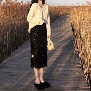 Set: Fluffy Sweater + Fringed Trim Midi Straight-fit Skirt