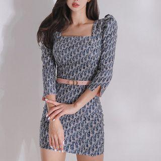 3/4-sleeve Square-neck Pattern Mini Sheath Dress