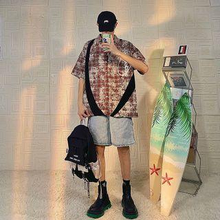 Elbow-sleeve Plaid Loose Fit Shirt