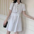 Open Back Short-sleeve Mini A-line Dress White - One Size