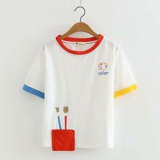 Short-sleeve Contrast Trim Printed T-shirt As Shown In Figure - One Size