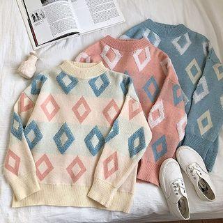 Color-block Mock-neck Argyle Long-sleeve Sweater