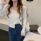 Lace Trim V-neck Knit Cardigan White - One Size