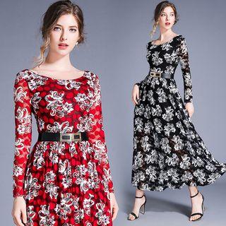 Long-sleeve Patterned Lace A-line Maxi Dress