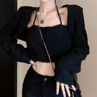 Set: Faux Shearling Cropped Halter Top + Jacket