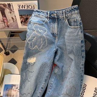 Bear Print Distressed Loose Fit Jeans