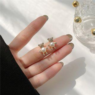Bear Rhinestone Faux Pearl Earring 1 Pair - Silver Rhinestone - Gold - One Size