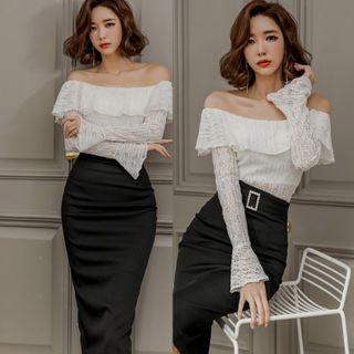 Set: Off-shoulder Ruffle Lace Blouse + High-waist Pencil Skirt
