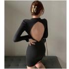 Long-sleeve Open-back Mini Bodycon Dress Black - One Size