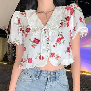 Puff-sleeve Collared Rose Print Blouse