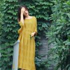 Plain Elbow Sleeve Midi Dress Yellow - One Size
