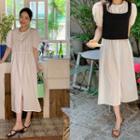 Puff-sleeve Button-up Long Dress White - One Size