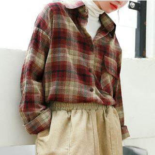 Plaid Pocket Detail Shirt Wine Red - One Size