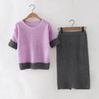Set: Two-tone Short Sleeve Sweater + Midi Knit Skirt