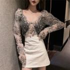 Long-sleeve Embroidered Mesh Top / Mini A-line Skirt