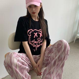 Elbow-sleeve Graphic Print T-shirt / Tie-dye Wide Leg Pants
