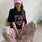 Elbow-sleeve Graphic Print T-shirt / Tie-dye Wide Leg Pants