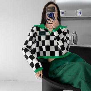 Checkerboard Sailor-collar Loose Knit Top