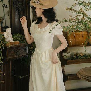 Puff-sleeve Ruffle Jacquard Midi A-line Dress