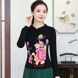 Flower Embroidered Long-sleeve Mandarin Collar Top