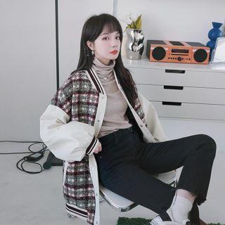 Stand-collar Plaid Panel Baseball Jacket