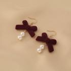 Bow Velvet Faux Pearl Dangle Earring 1 Pair - Wine Red - One Size