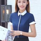Contrast Trim Short-sleeve Shirt / High-waist Pencil Skirt / High-waist Straight-cut Pants