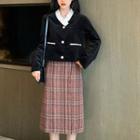 Velvet Button Jacket / Plaid Midi Skirt