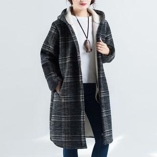 Faux Shearling Lined Plaid Buttoned Hooded Coat