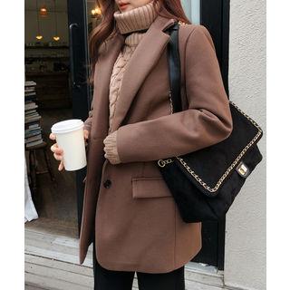 Round-neck Plaid Wool Blend Jacket With Sash