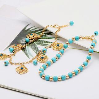 Turquoise Rhinestone Layered Anklet 0159 - Gold - One Size