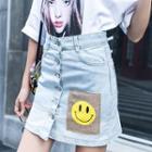 Smiley Applique Buttoned Denim Mini Skirt