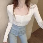 Buttoned Square-neck Long-sleeve T-shirt