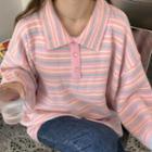 Striped Collared Sweater Pink - One Size