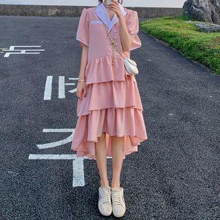 Elbow-sleeve Layered Dip-back A-line Dress