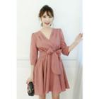Petite Size Surplice-wrap Flared Minidress With Sash