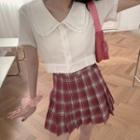 Short-sleeve Lace Collar Cropped Shirt / Plaid A-line Mini Skirt