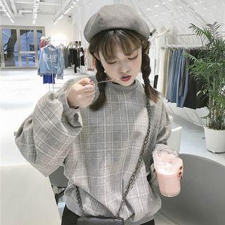 Puff-sleeve Plaid Pullover