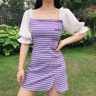 Short-sleeve Square Neck Plaid Mini Sheath Dress